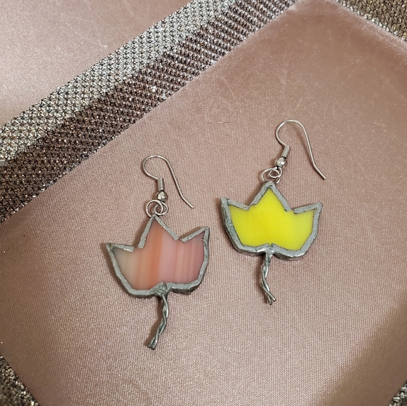 Artisan Stained Glass Leaf Earrings - Picture 2 of 4